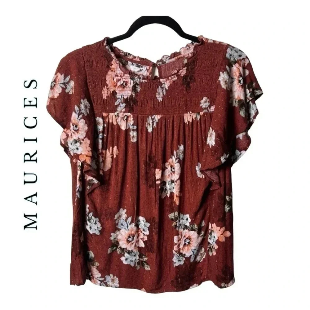 0454. MAURICES BLOUSE RUST IN COLOR WITH CORAL‎ AND GREEN FORAL SIZE 0X